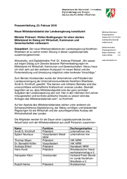 Mittelstandsbeirat neu konstituiert / MWIDE Pressemeldung, 23. Februar 2018