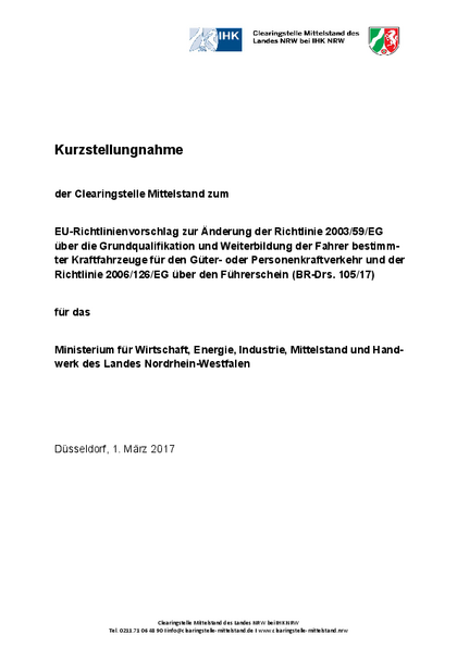 EU-Richtlinie zur Änderung der Richtlinie 2003/59/EG über die Grundqualifikation und Weiterbildung der Fahrer bestimmter Kraftfahrzeuge für den Güter- oder Personenkraftverkehr und der Richtlinie 2006/126/EG über den Führerschein (BR-Drs. 105/17)