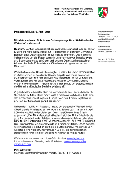 Mittelstandsbeirat: Schutz vor Datenspionage für mittelständische Wirtschaft existenziell – Pressemitteilung MWEIMH NRW, Sitzung 6. April 2016
