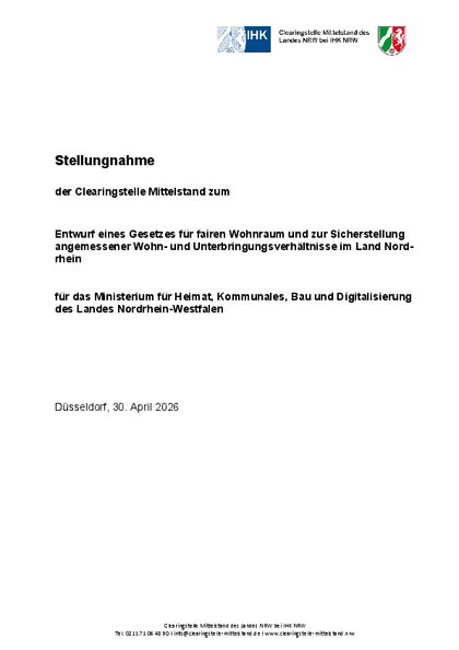 Entwurf eines Gesetzes für fairen Wohnraum und zur Sicherstellung angemessener Wohn- und Unterbringungsverhältnisse im Land Nordrhein , Stellungnahme_der_Clearingstelle_-_Faires_WohnenG.pdf, 370 KB