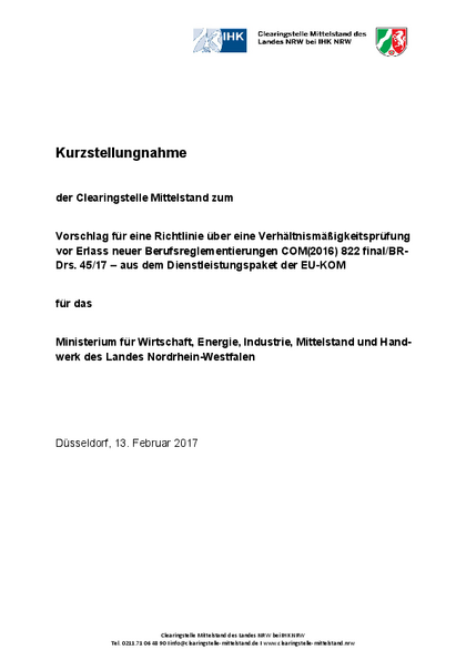 EU-Richtlinie über eine Verhältnismäßigkeitsprüfung vor Erlass neuer Berufsreglementierungen (BR-Drs. 45/17)