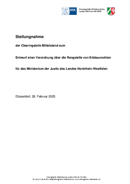 Entwurf einer Verordnung über die Rangstelle von Erbbaurechten für das Ministerium der Justiz des Landes Nordrhein-Westfalen