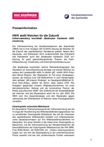 Vollversammlung der Handwerkskammer des Saarlandes mit Vortrag von Britta Brisch, Pressemitteilung HWK Saarland 3. Dezember 2015