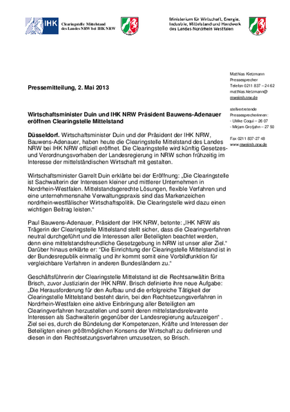 Wirtschaftsminister Duin und IHK NRW Präsident Bauwens-Adenauer eröffnen Clearingstelle Mittelstand – Pressemitteilung, 2. Mai 2013